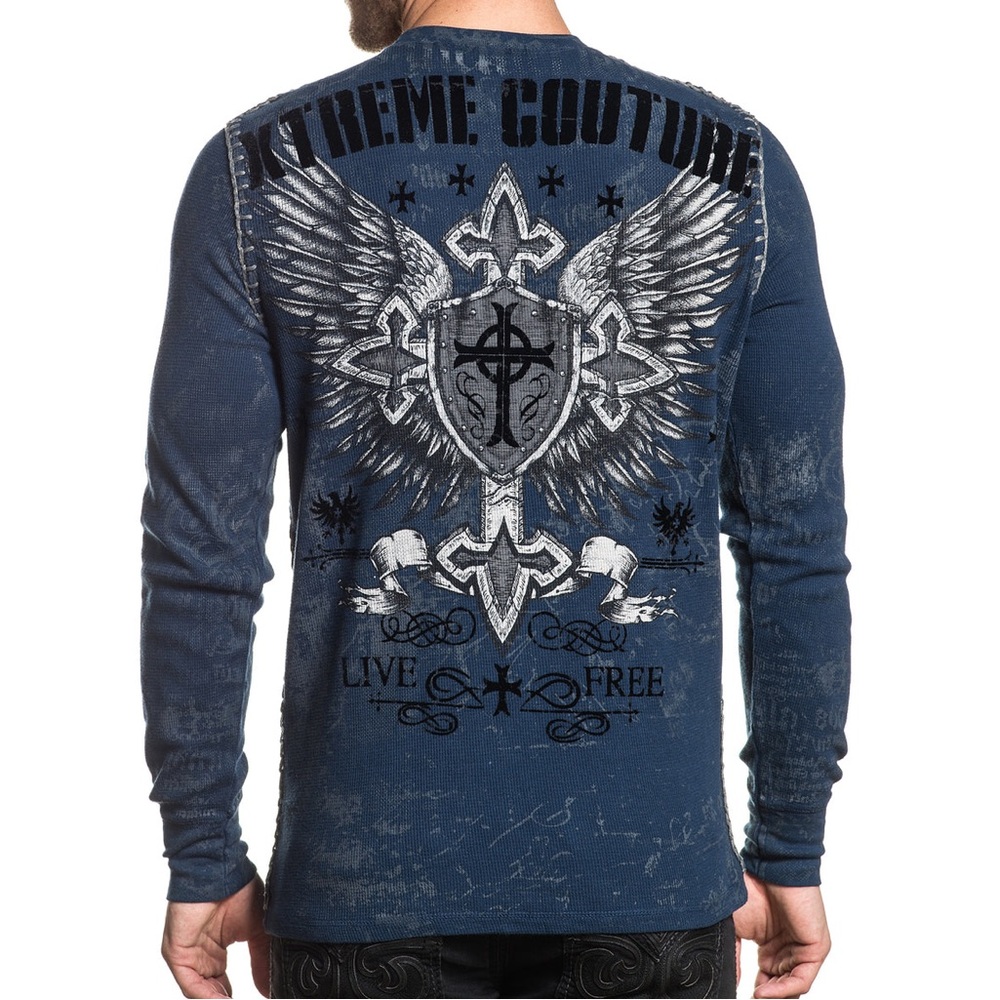 NWT Xtreme Couture Mens Small Blue Thermal Cross Angel Wings Graphic Long Sleeve